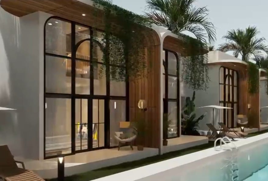 Fachadas de las villas de Verónica Villa junto a la piscina