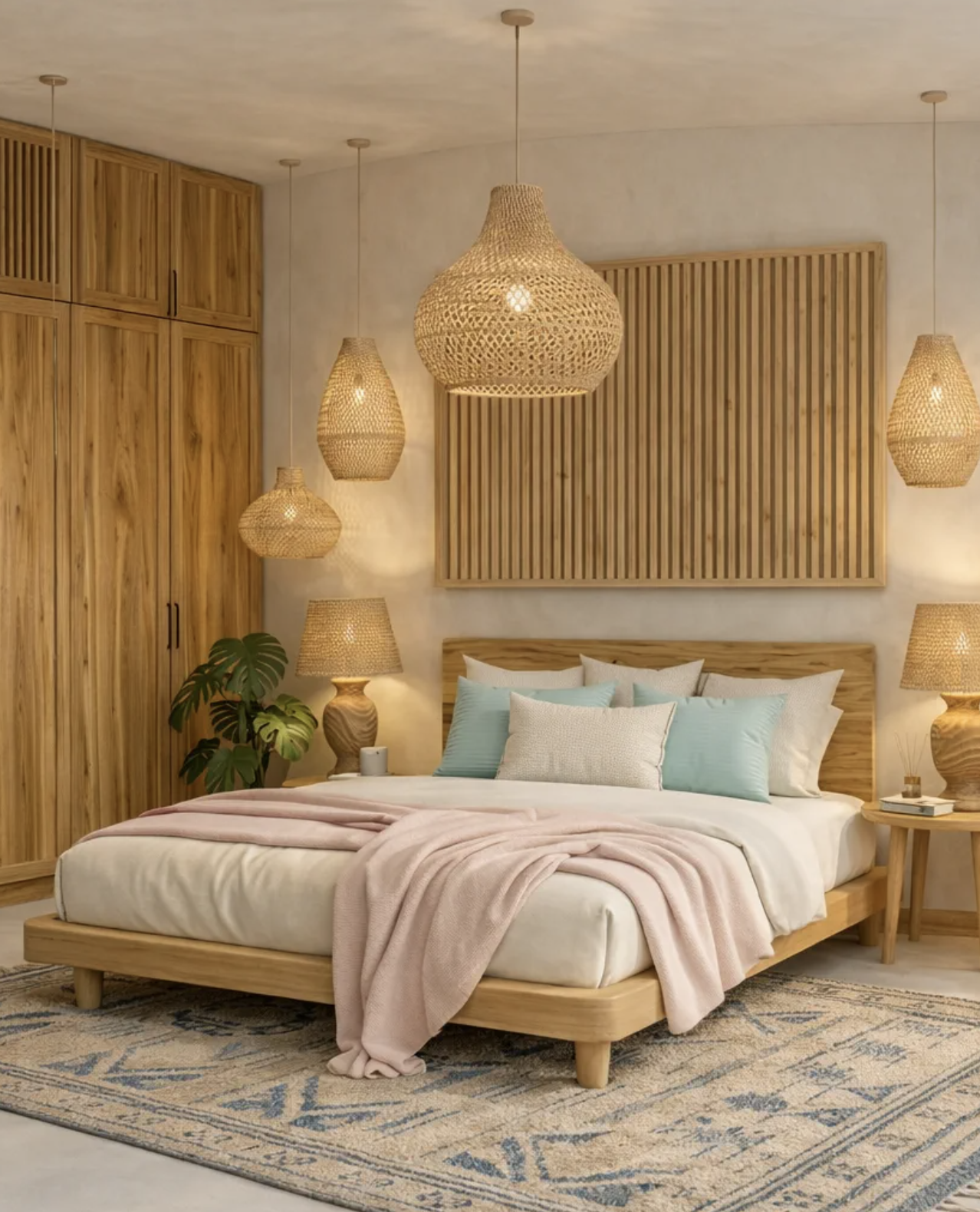 Render del dormitorio de Selvatic con muebles de madera y lámparas de fibras naturales en Lombok, Indonesia