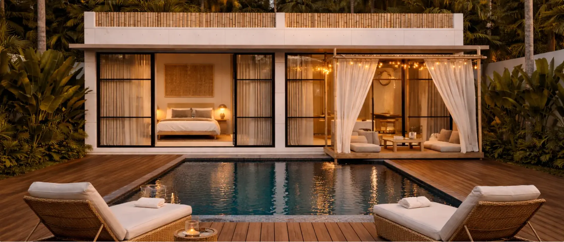 Render de Selvatic al anochecer con piscina privada, terraza de madera e iluminación cálida en Lombok, Indonesia