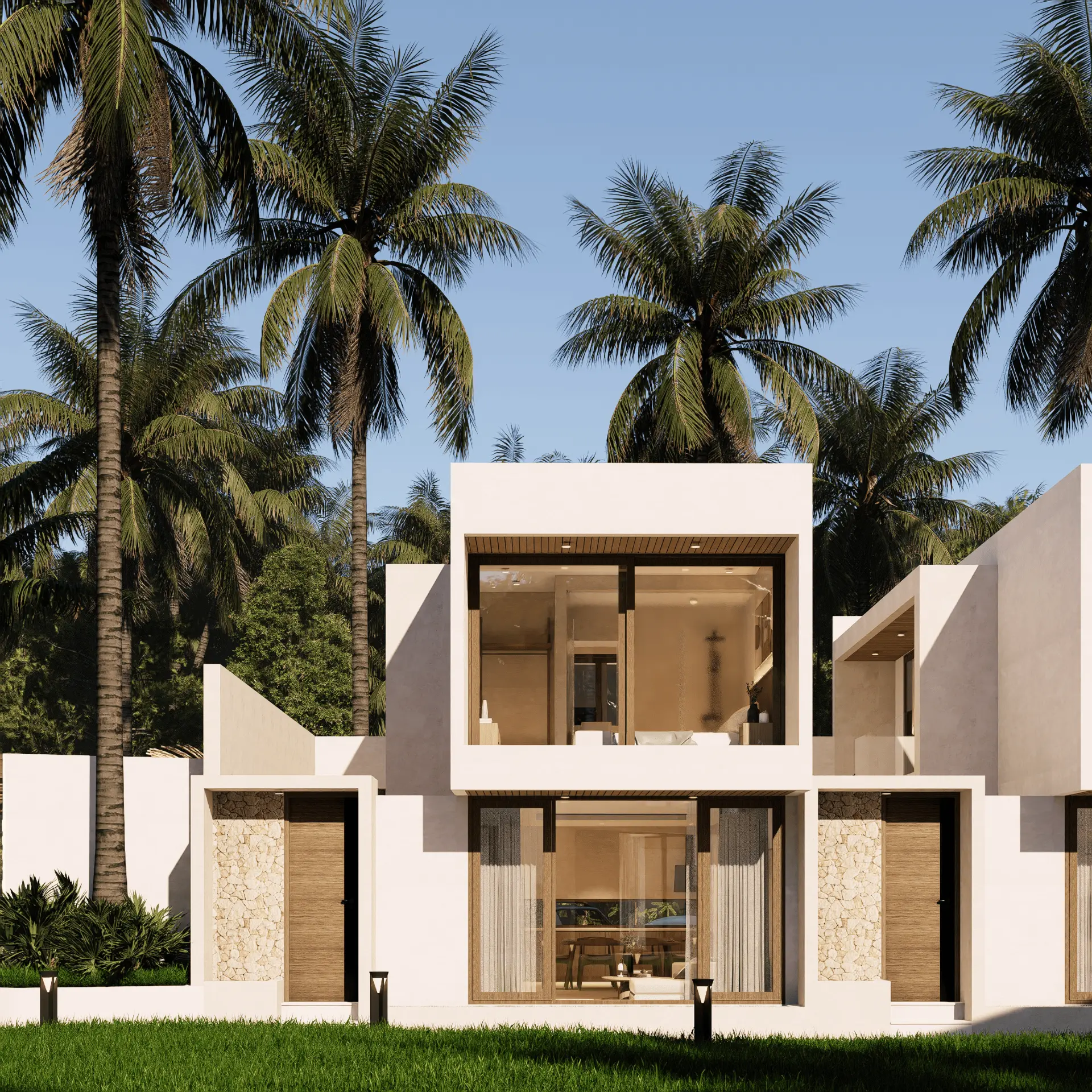 Render de villas modernas rodeadas de palmeras