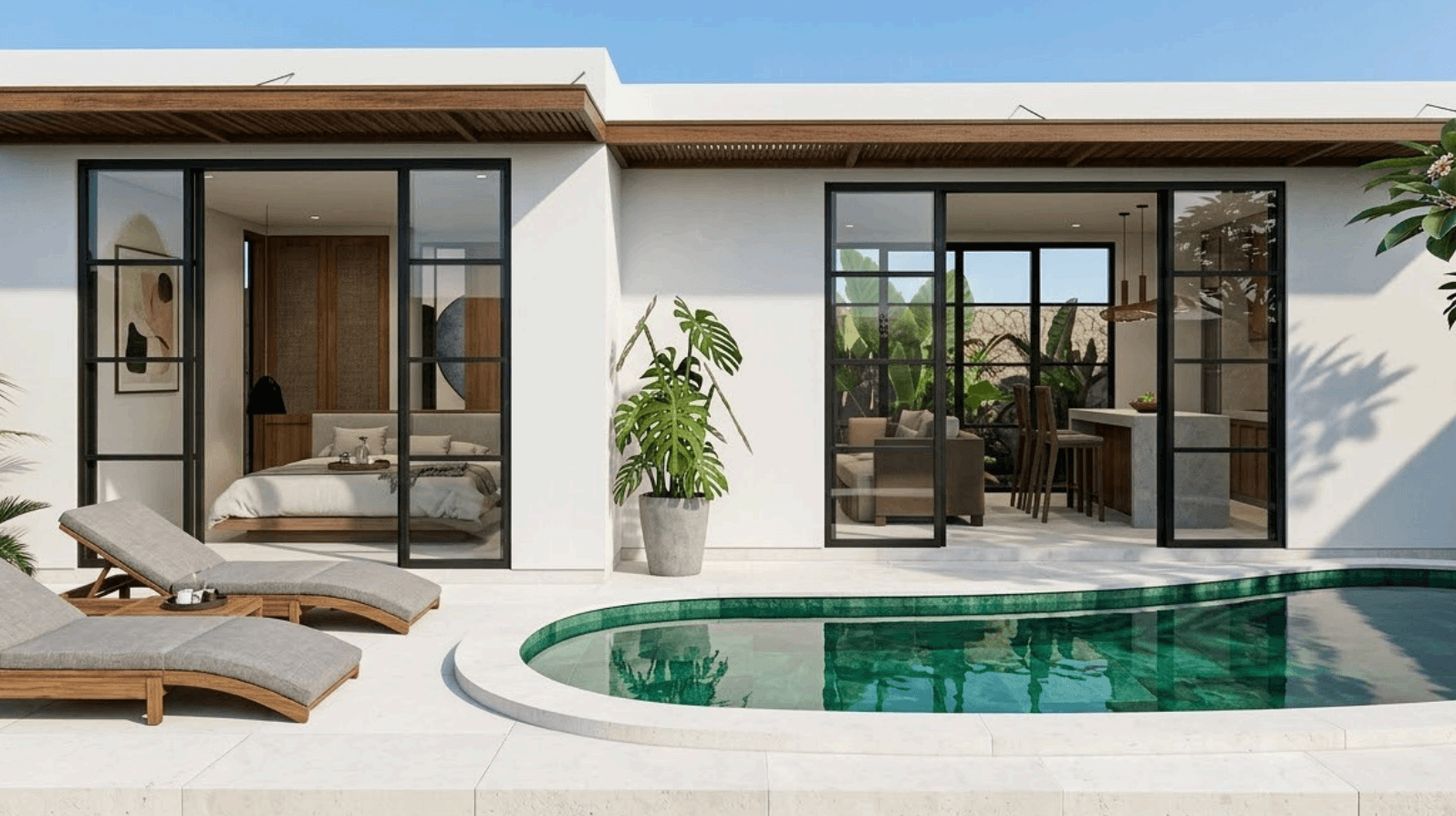 Villa de estilo mediterráneo con piscina, amplios ventanales y terraza soleada