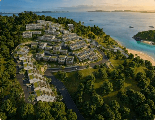 Vista aérea de villas premium en ladera frente al océano