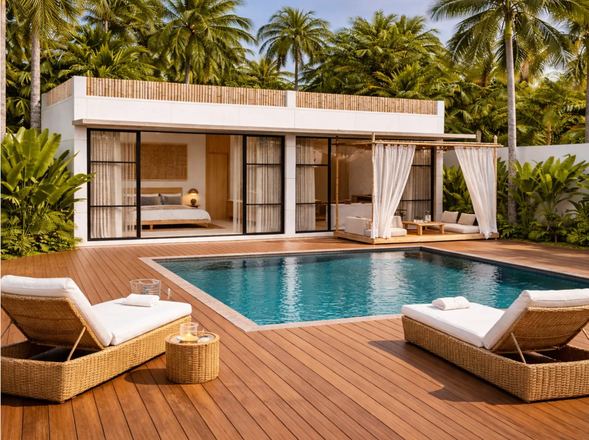 Render exterior de Tiny House Selvatic con piscina privada, terraza y vegetación tropical en Lombok, Indonesia