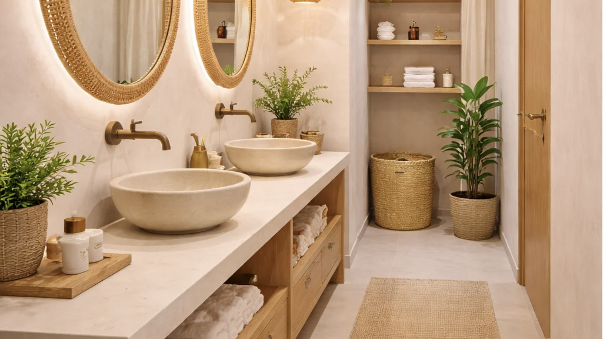 Render del baño de Selvatic con dos lavabos, espejos redondos y vegetación en Lombok, Indonesia