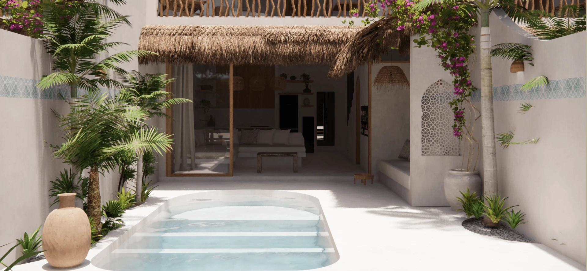 Patio con piscina privada en las villas Passir