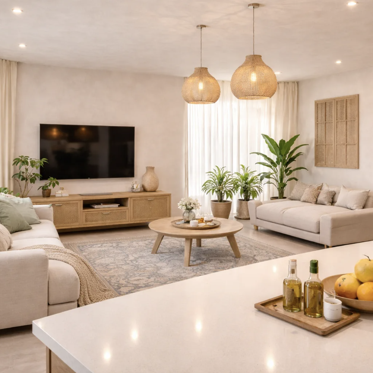 Render del salón y cocina abierta de Selvatic en Lombok, Indonesia